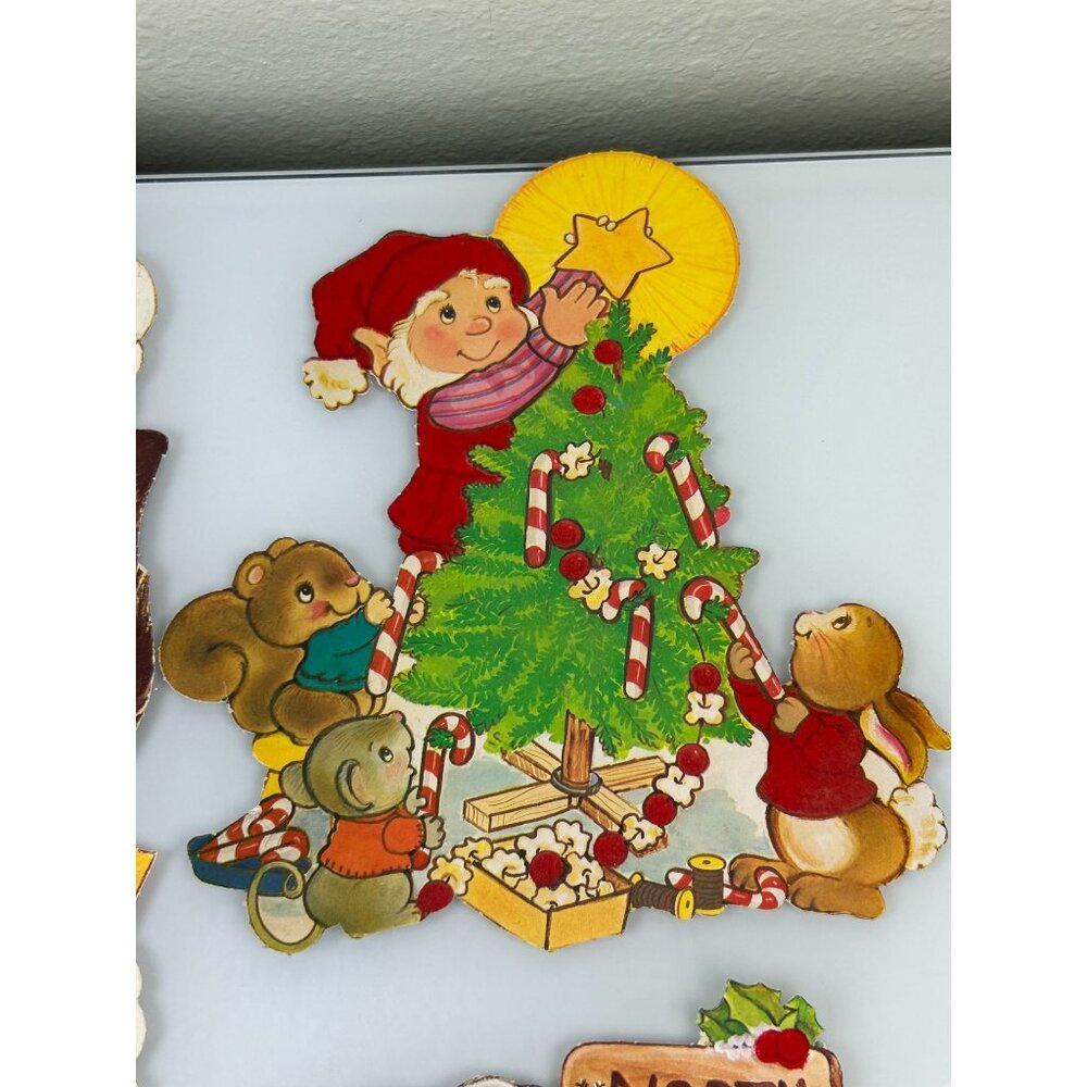 Vintage Christmas Red Velvet Accented Paper Cutout Decoration Mouse Elf Raccoon - Picture 9 of 16